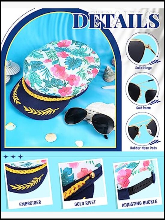 Captain Hat 4pc Sailor Yacht Boat Floral Cap Sunglasses Costume Accessory Party main image 6